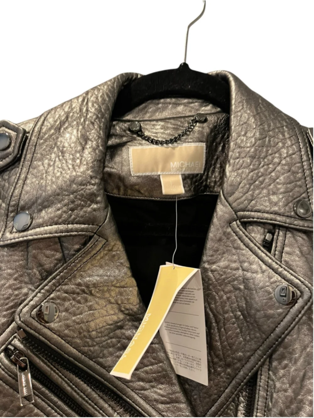 NWT Michael Kors Crinkled Metallic Leather Moto Jacket Pewter Silver Large $550